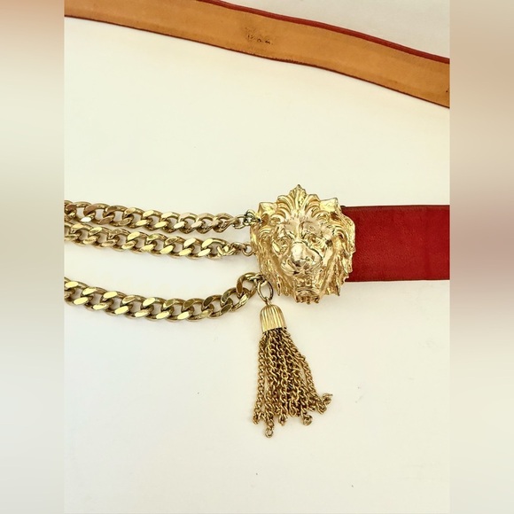 Vintage 80s Accessocraft NYC Signed Gold Lion Head Chain Tassel Buckle Belt - Picture 3 of 11